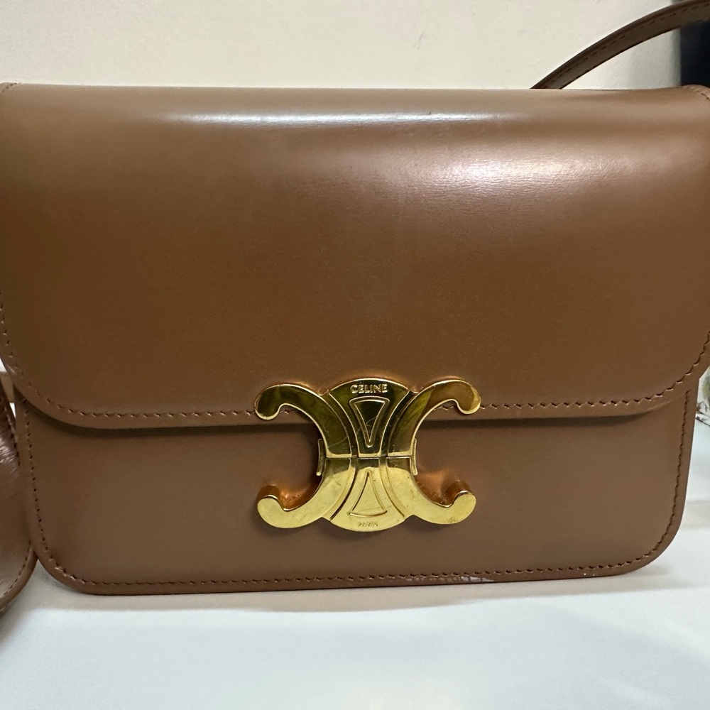 Celine Tan Leather Crossbody Bag with Gold Clasp